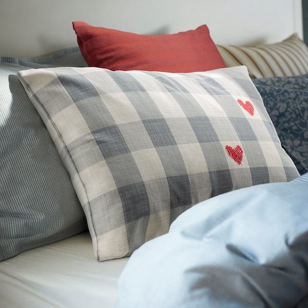 Ikea MÄVINN - Cushion cover, checked grey/red heart,40x58 cm