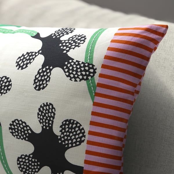 MÄVINN cushion cover, off-white black/floral pattern, 40x58 cm