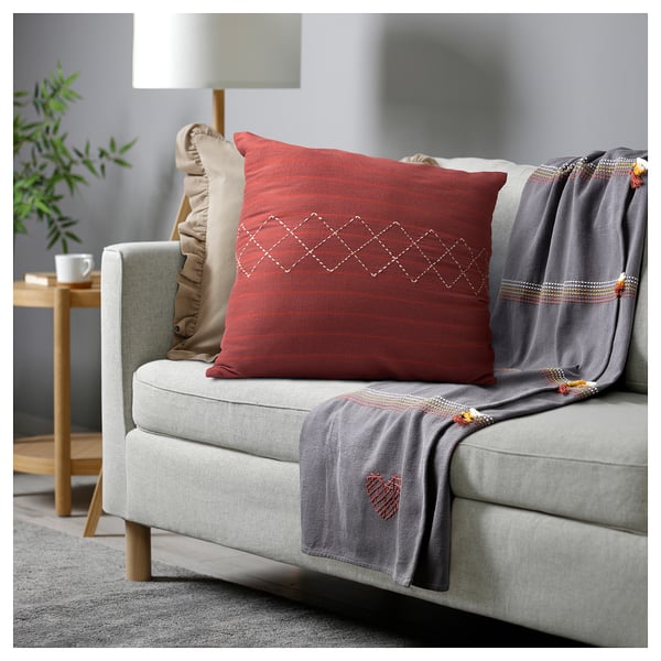 MÄVINN cushion cover, red white/embroidery