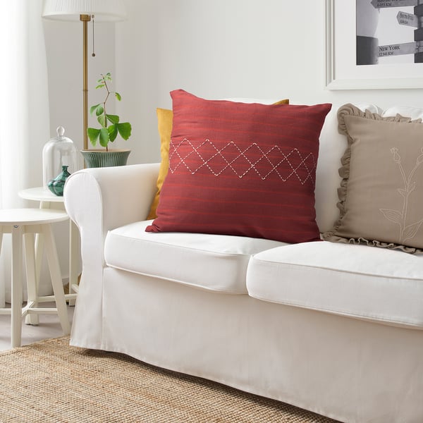 MÄVINN cushion cover, red white/embroidery