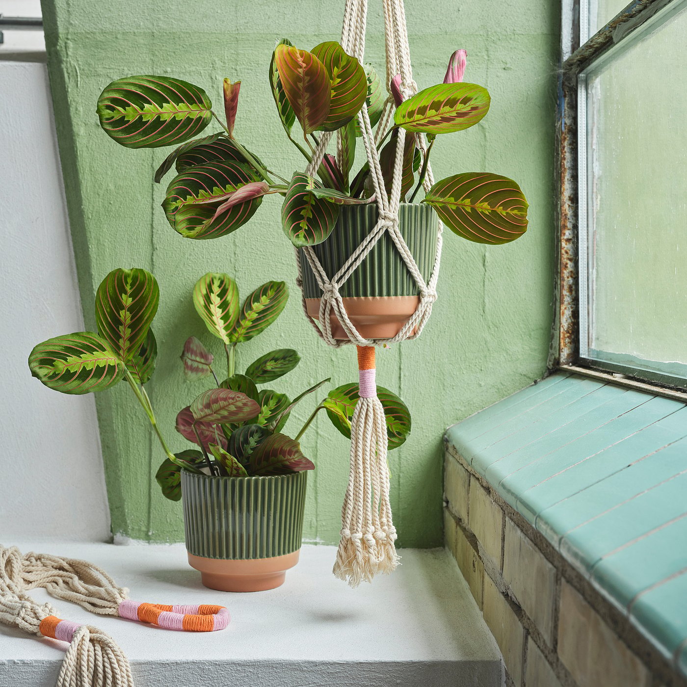 MÄVINN plant pot, green/sand, 16 cm