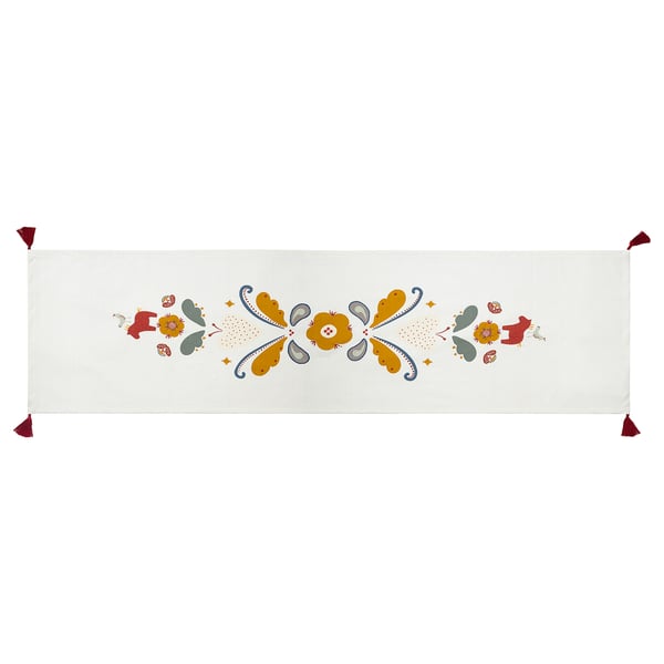 MÄVINN - Table-runner, white red/tassel, 35x130 cm