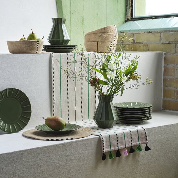 MÄVINN - MÄVINN Table-runner, off-white/green stripe, 35x130 cm