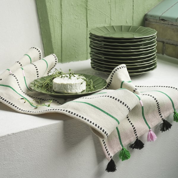MÄVINN - MÄVINN Table-runner, off-white/green stripe, 35x130 cm