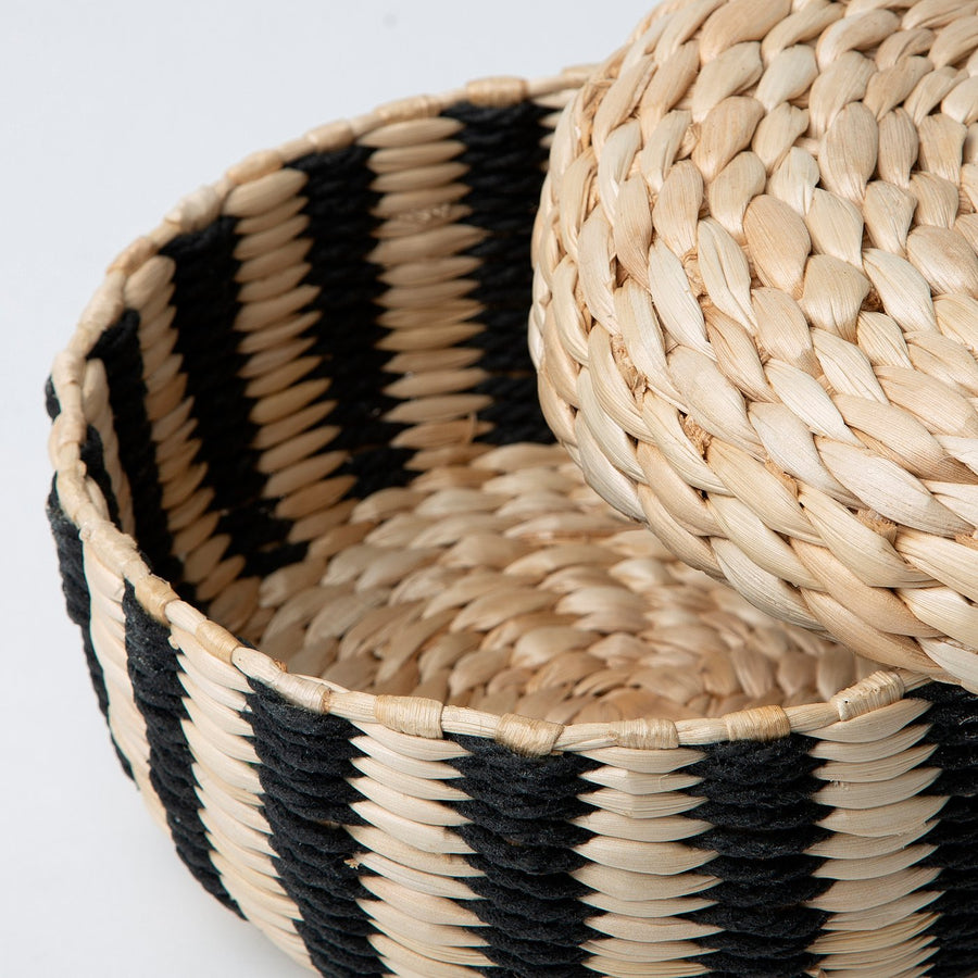 MÄVINN box with lid, banana fibre/black stripe pattern, 21 cm