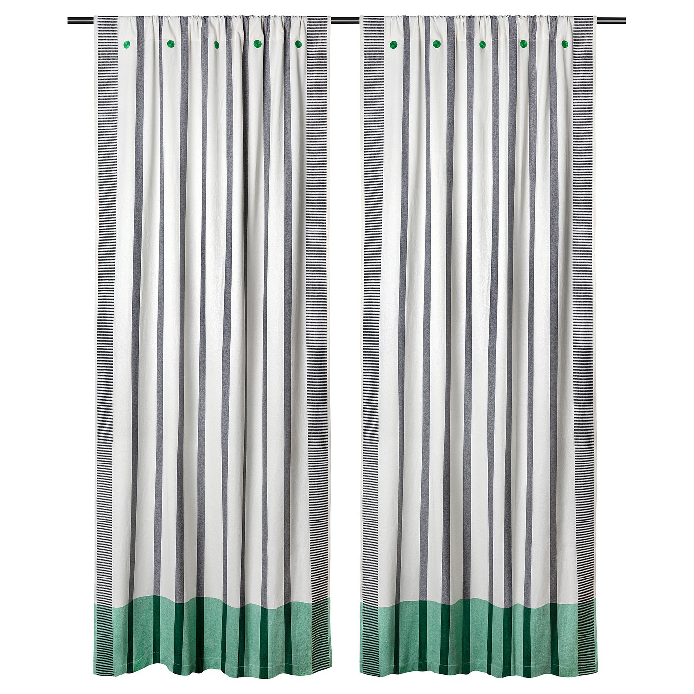 MÄVINN curtains, 1 pair, black/white/stripe green, 300x110 cm