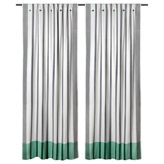 MÄVINN curtains, 1 pair, black/white/stripe green, 300x110 cm