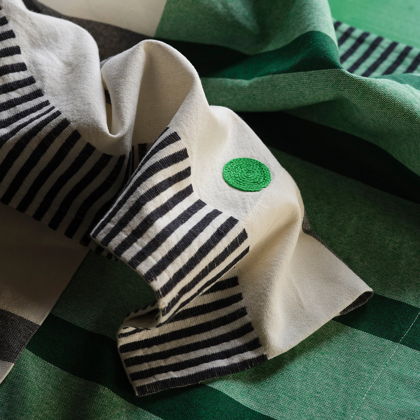 MÄVINN curtains, 1 pair, black/white/stripe green, 110x300 cm