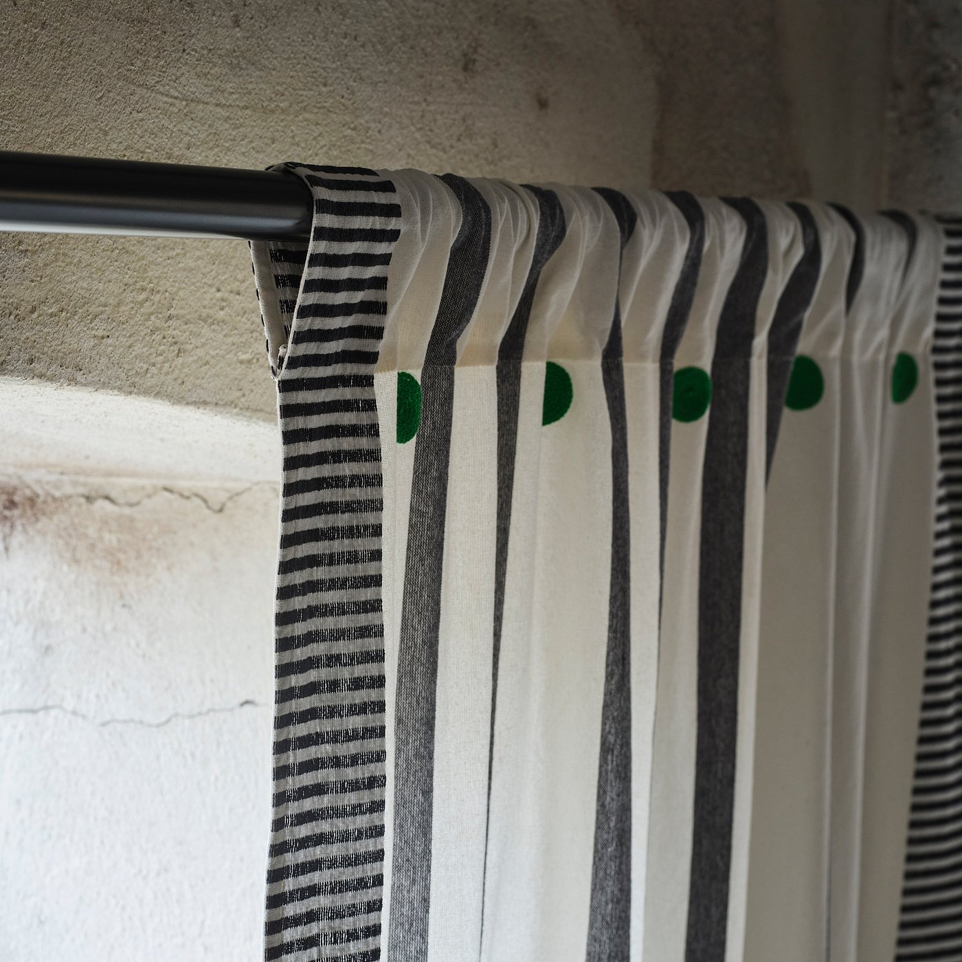 MÄVINN curtains, 1 pair, black/white/stripe green, 300x110 cm