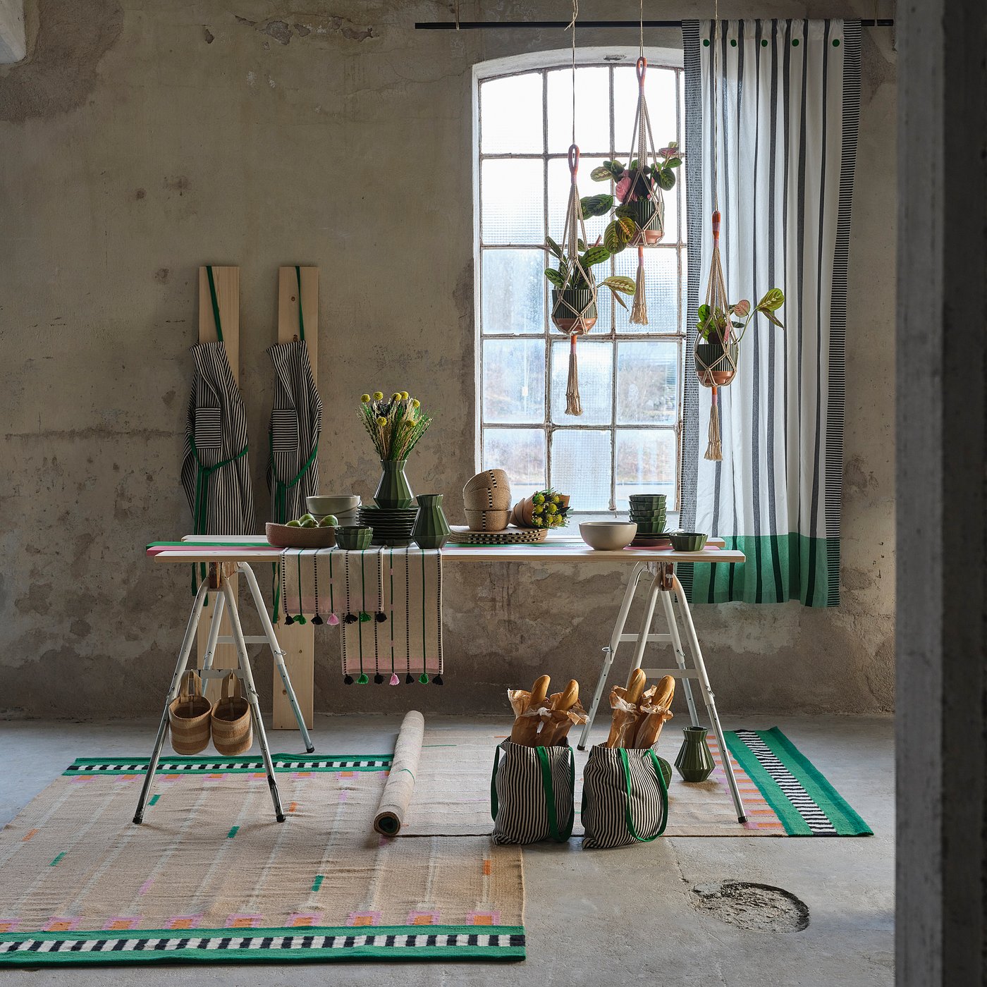 MÄVINN curtains, 1 pair, black/white/stripe green, 300x110 cm