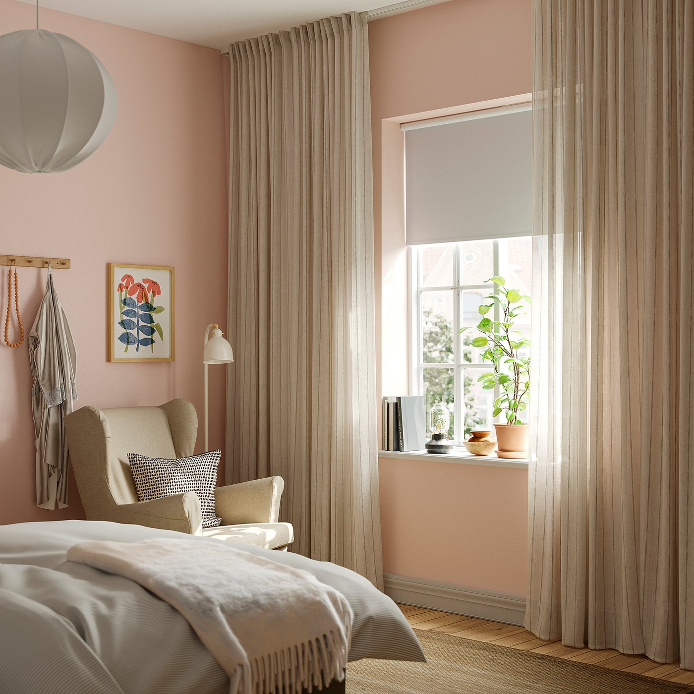 MAISTANGG curtains, 1 pair, off-white dark grey/striped with heading tape, 145x300 cm