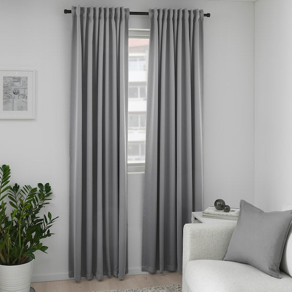 MAJGULL block-out curtains, 1 pair, grey/with heading tape, 145x300 cm