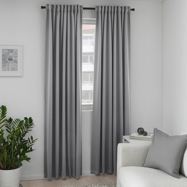 MAJGULL block-out curtains, 1 pair, grey/with heading tape, 145x300 cm