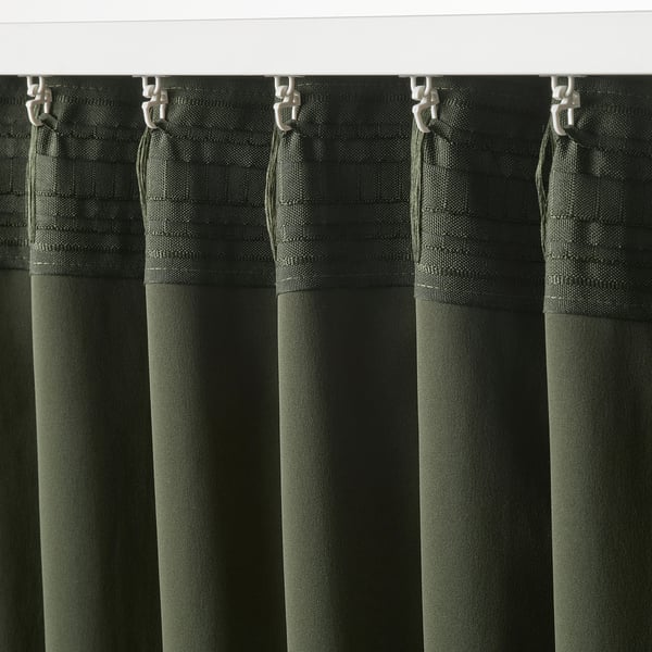MAJGULL block-out curtains, 1 pair, dark green/with heading tape, 145x300 cm