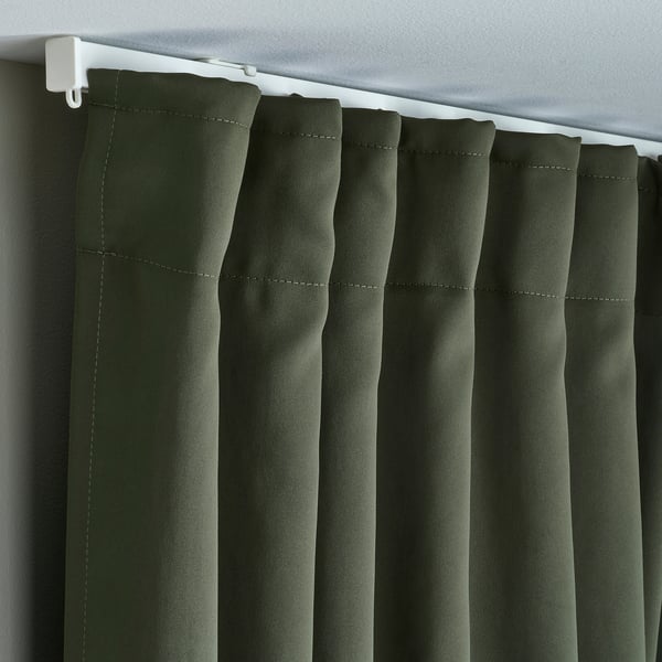 MAJGULL block-out curtains, 1 pair, dark green/with heading tape, 145x300 cm