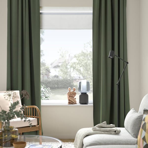 MAJGULL block-out curtains, 1 pair, dark green/with heading tape, 145x300 cm