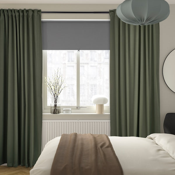 MAJGULL block-out curtains, 1 pair, dark green/with heading tape, 145x300 cm