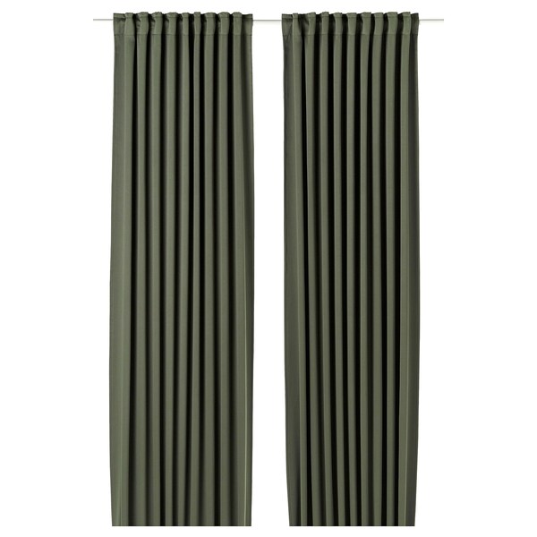 MAJGULL block-out curtains, 1 pair, dark green/with heading tape, 145x300 cm