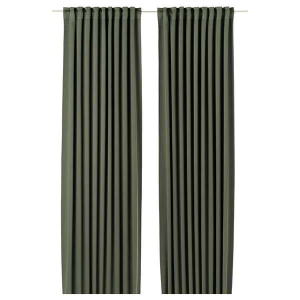 MAJGULL block-out curtains, 1 pair, dark green/with heading tape, 145x300 cm