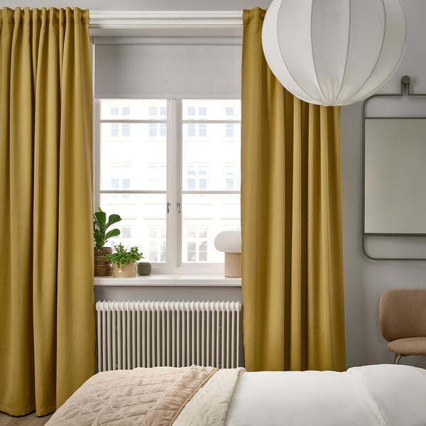 MAJGULL room darkening curtains, 1 pair, beige-yellow/with heading tape, 145x300 cm