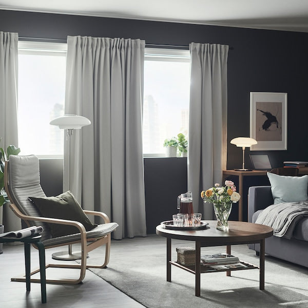 MAJGULL room darkening curtains, 1 pair, light grey/with heading tape, 145x300 cm