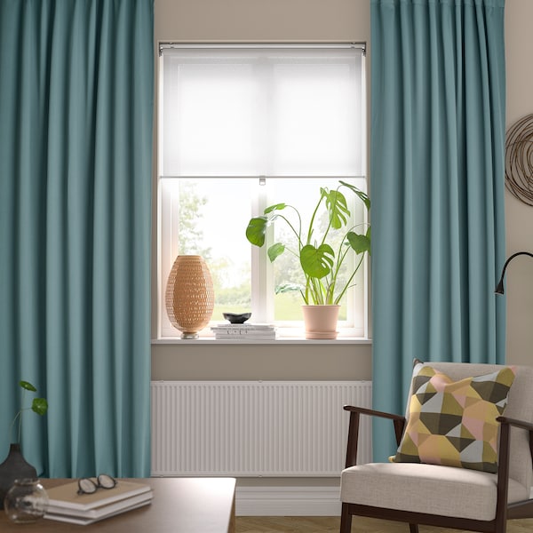 MAJGULL room darkening curtains, 1 pair, dark grey-turquoise/with heading tape, 145x300 cm