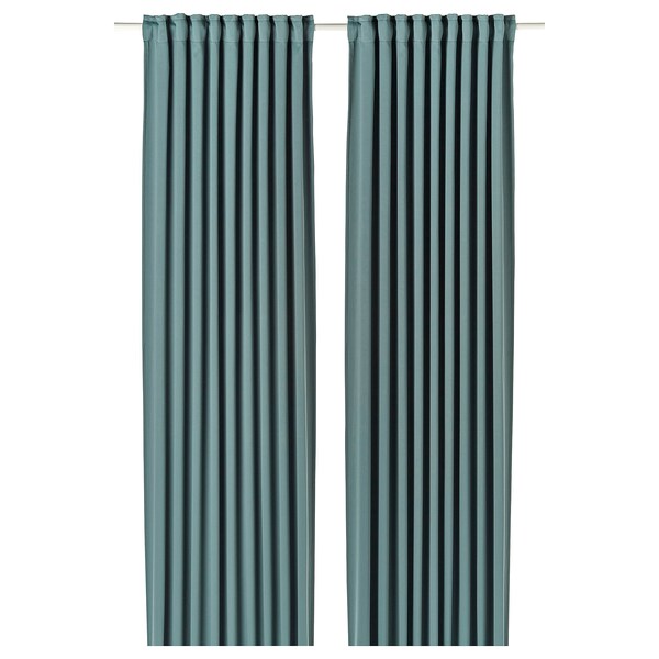 MAJGULL room darkening curtains, 1 pair, dark grey-turquoise/with heading tape, 145x300 cm