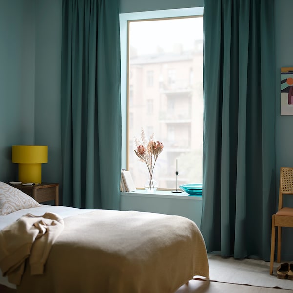 MAJGULL room darkening curtains, 1 pair, dark grey-turquoise/with heading tape, 145x300 cm