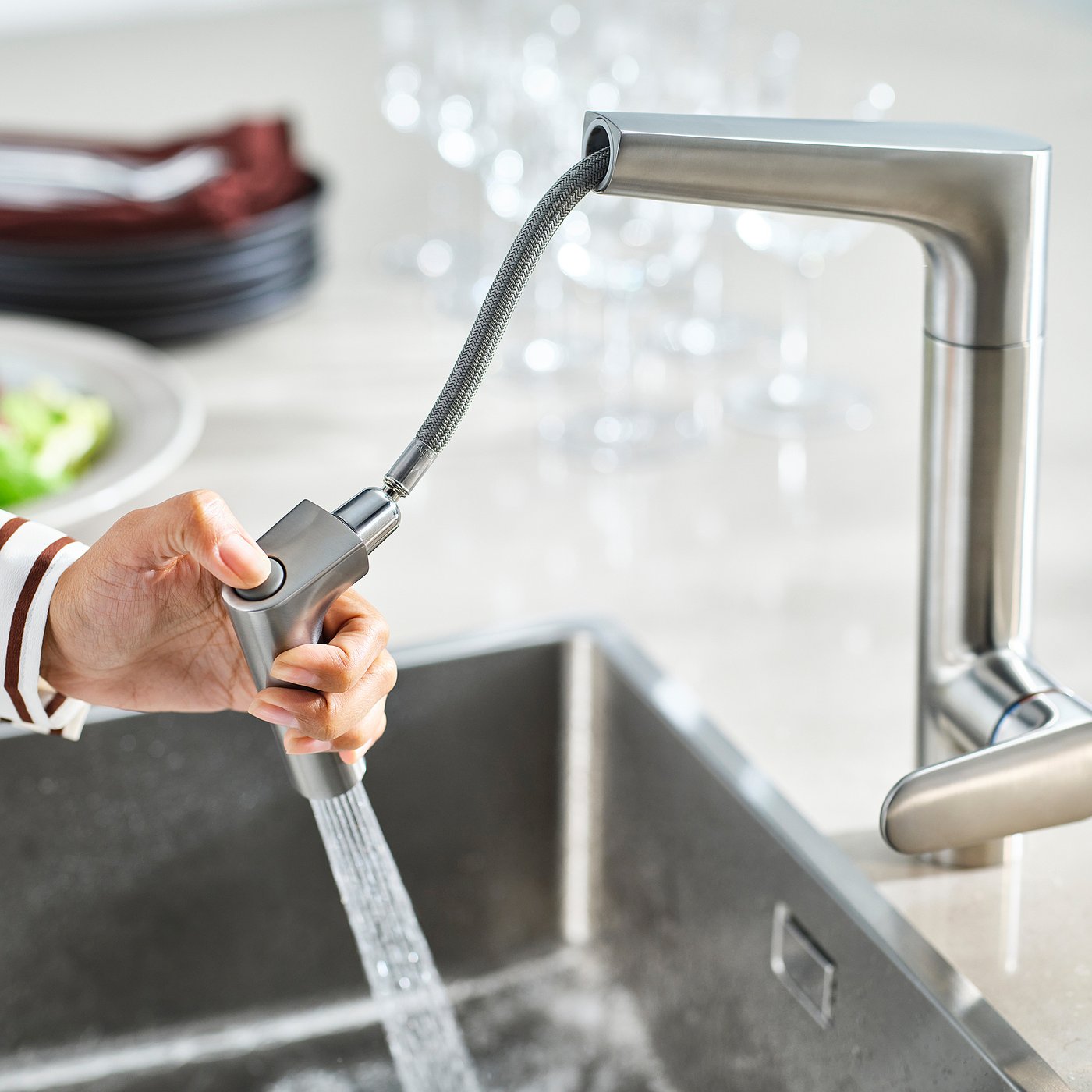 MAJSJÖN kitchen mixer tap pull out w spray, stainless steel colour