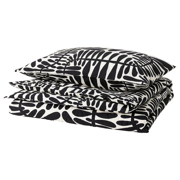 MAJSMOTT duvet cover and pillowcase, off-white/black