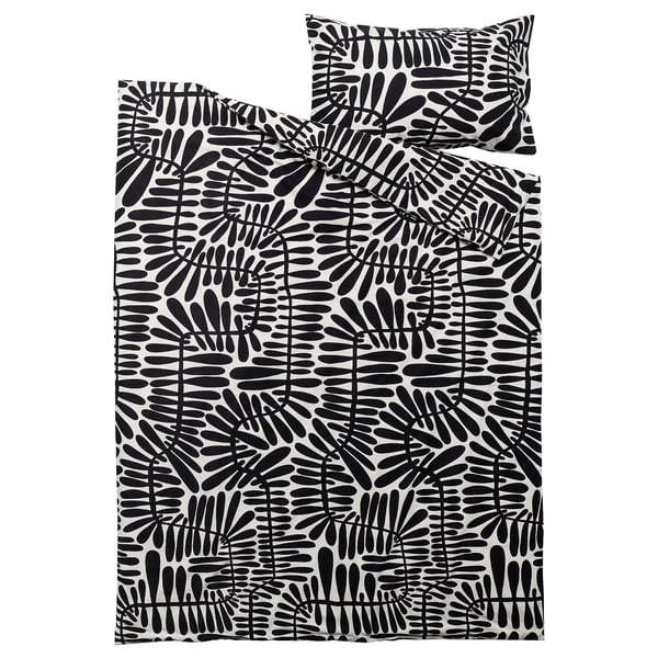 MAJSMOTT duvet cover and pillowcase, off-white/black