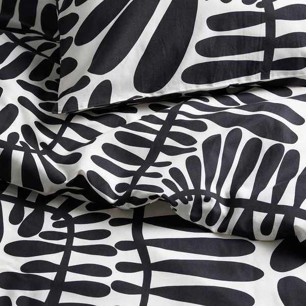 MAJSMOTT duvet cover and pillowcase, off-white/black