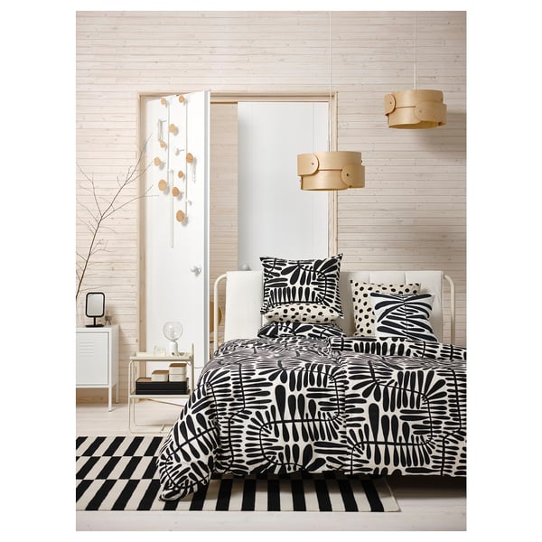 MAJSMOTT duvet cover and pillowcase, off-white/black