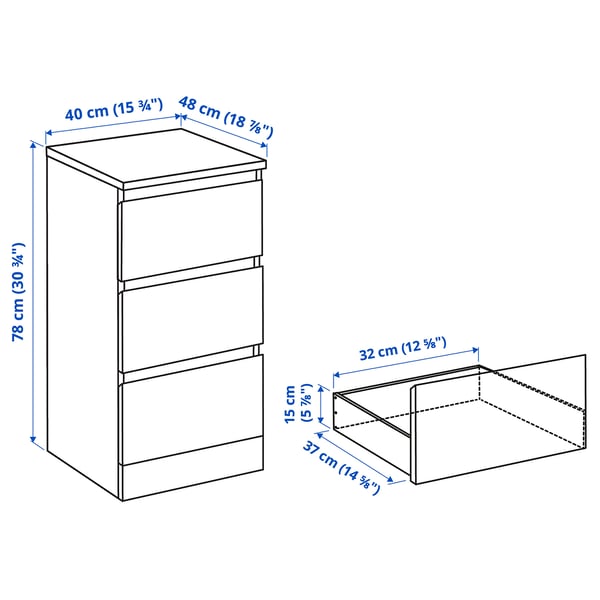 MALM chest of 3 drawers, white, 40x78 cm