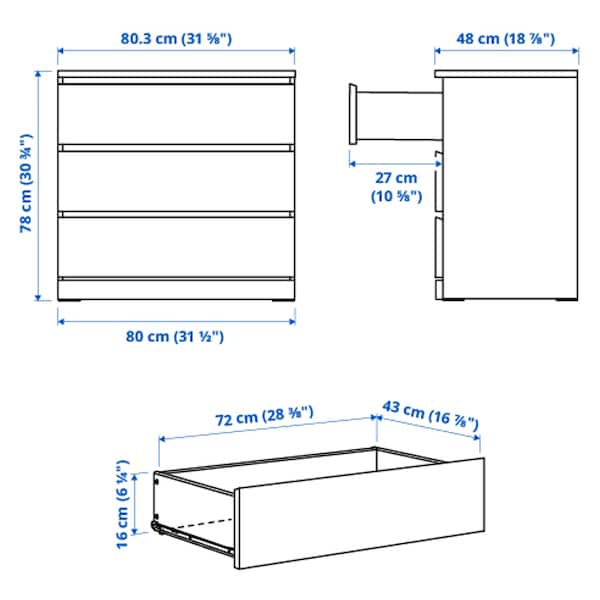 MALM - Chest of 3 drawers, white, 80x78 cm