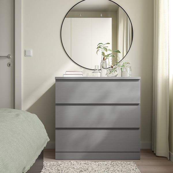 MALM - Chest of 3 drawers, grey stained, 80x78 cm