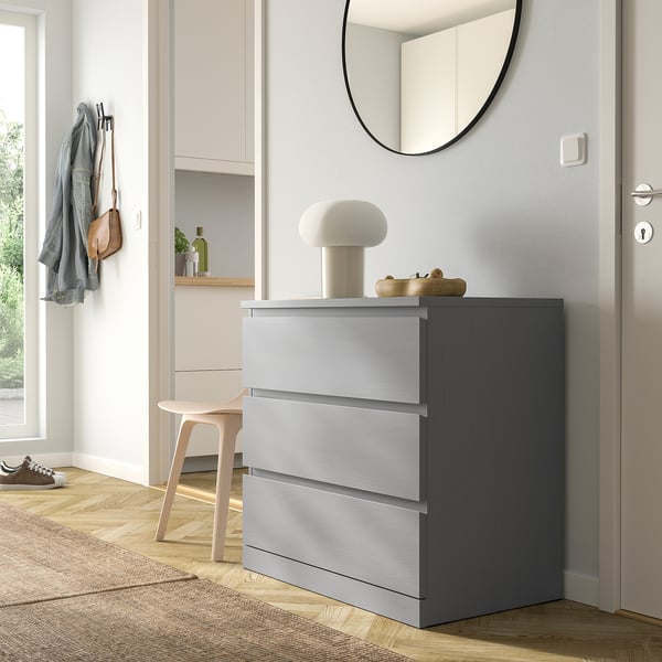 MALM - Chest of 3 drawers, grey stained, 80x78 cm