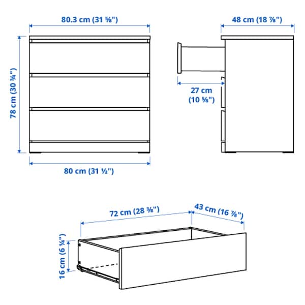 Ikea MALM - Chest of 3 drawers, white stained oak veneer, 80x78 cm