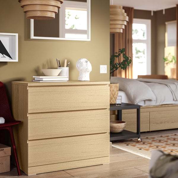 MALM chest of 3 drawers, white stained oak veneer, 80x78 cm