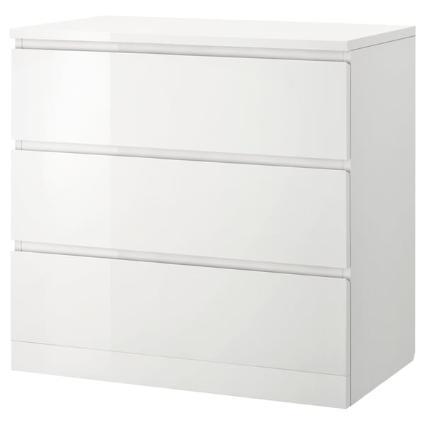 MALM chest of 3 drawers, high-gloss white, 80x78 cm