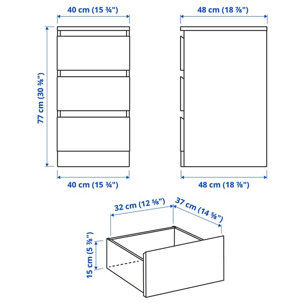 MALM chest of 3 drawers, high-gloss white, 40x78 cm