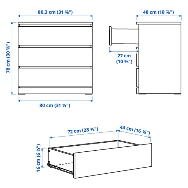 MALM - MALM Chest of 3 drawers, high-gloss white, 80x78 cm
