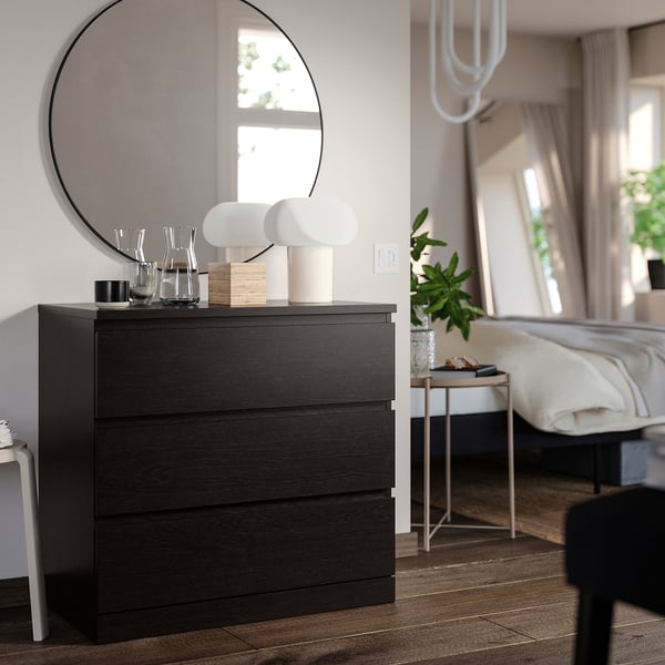 MALM chest of 3 drawers, black-brown, 80x78 cm