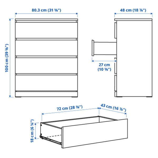 MALM chest of 4 drawers, white stained oak veneer, 80x100 cm