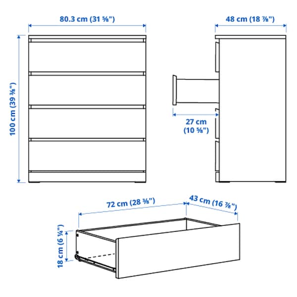 Ikea MALM - Chest of 4 drawers, black-brown, 80x100 cm