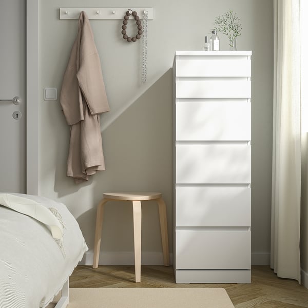 MALM chest of 6 drawers, white/mirror glass, 40x123 cm
