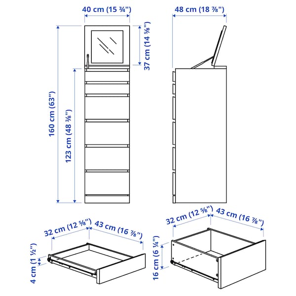 Ikea MALM - Chest of 6 drawers, white/mirror glass, 40x123 cm