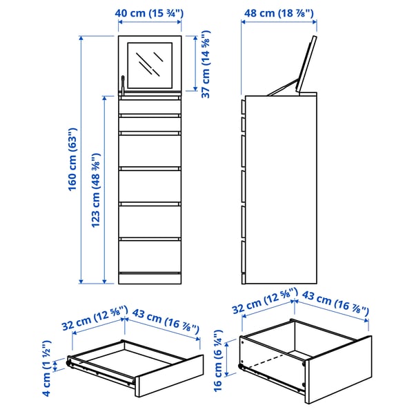 MALM chest of 6 drawers, white/mirror glass, 40x123 cm