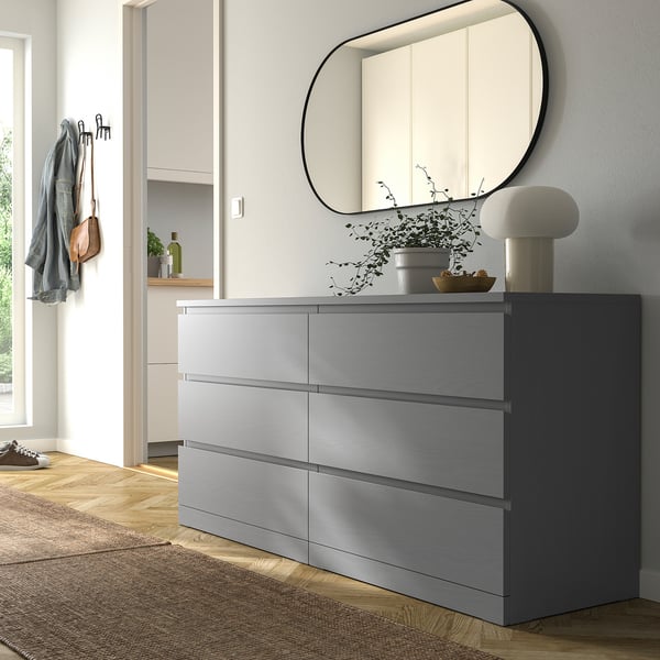 MALM - Chest of 6 drawers, grey stained, 160x78 cm
