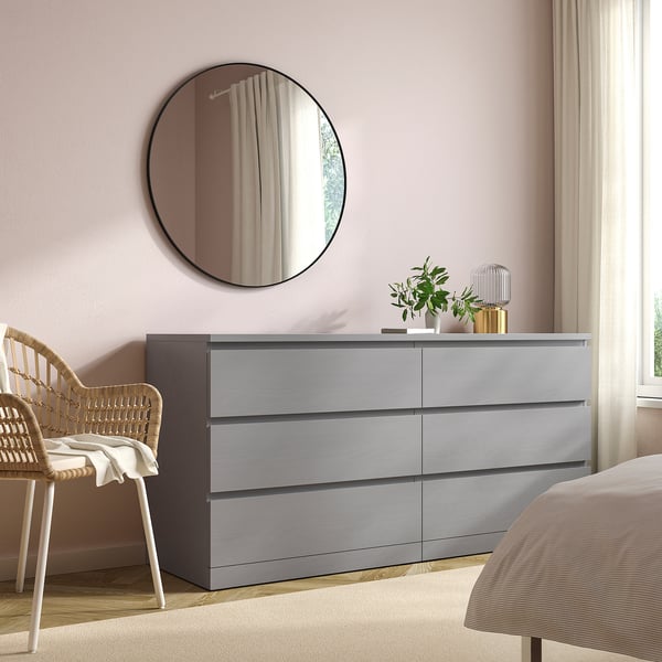 MALM chest of 6 drawers, grey stained, 160x78 cm